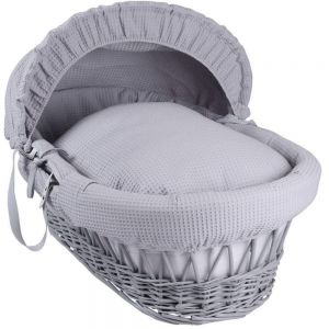 CLAIR DE LUNE Wicker Moses Basket Grey with Grey Waffle Drapes
